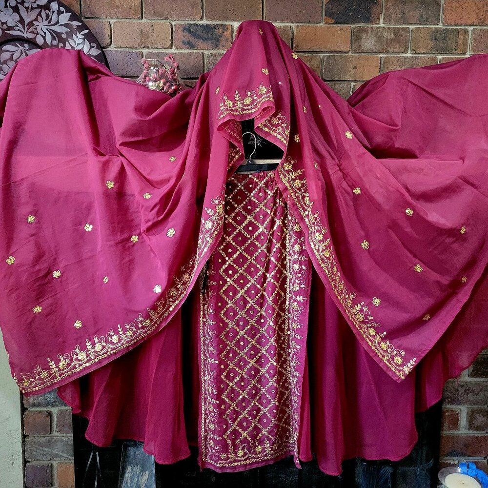 Burgundy 2 panel skirt with matching veil